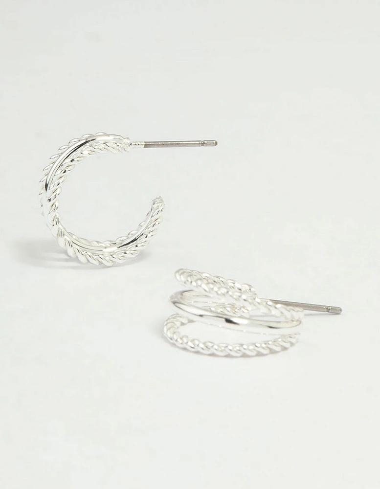 Silver Twisted & Plain Triple Hoop Earrings