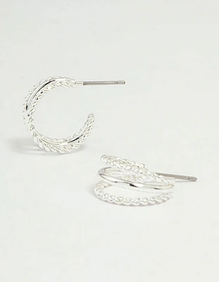 Silver Twisted & Plain Triple Hoop Earrings