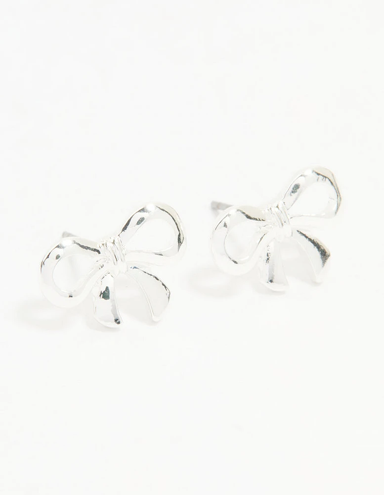 Silver Ribbon Bow Stud Earrings