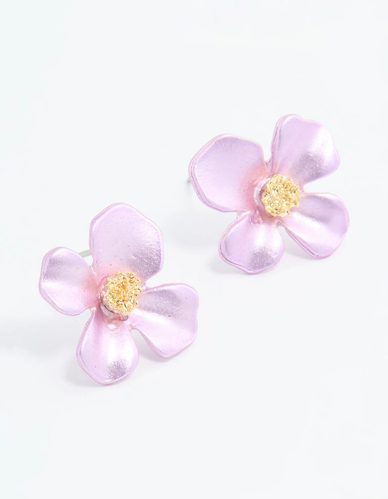 Gold Pink Pearlised Flower Stud Earrings