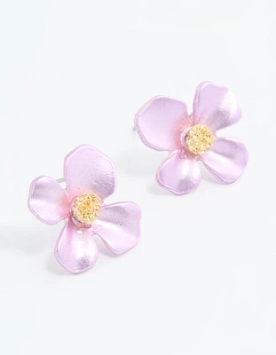 Gold Pink Pearlised Flower Stud Earrings