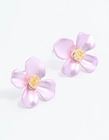 Gold Pink Pearlised Flower Stud Earrings