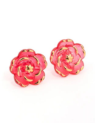 Gold Red Acrylic Flower Stud Earrings