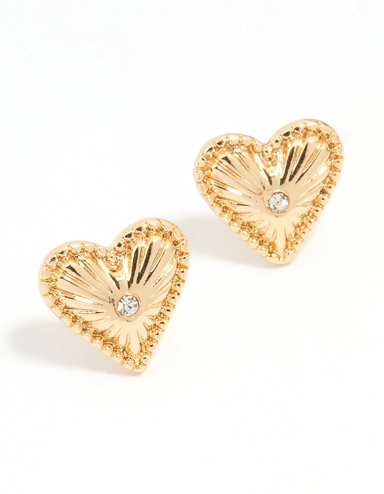 Gold Heart Diamante Stud Earrings