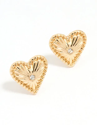 Gold Heart Diamante Stud Earrings