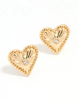 Gold Heart Diamante Stud Earrings