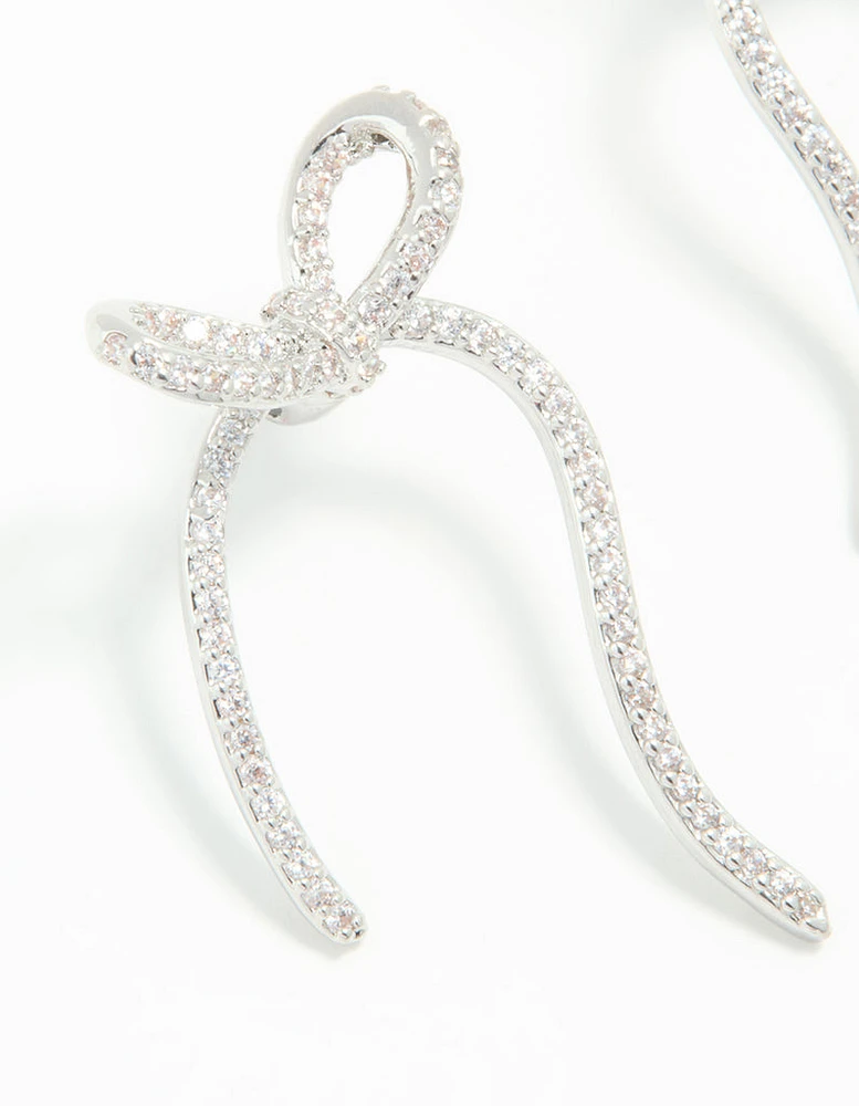 Silver Cubic Zirconia Dainty Ribbon Stud Earrings