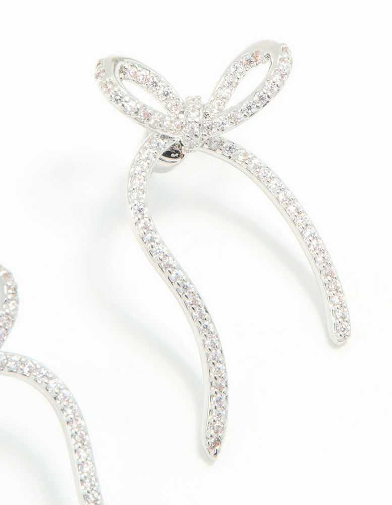 Silver Cubic Zirconia Dainty Ribbon Stud Earrings