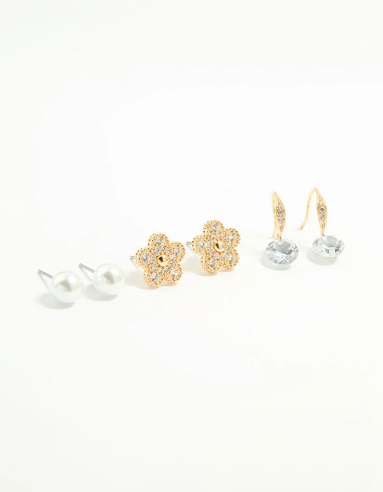 Gold Cubic Zirconia & Pearl Earrings 3-Pack