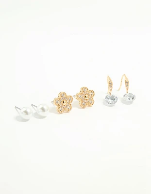 Gold Cubic Zirconia & Pearl Earrings 3-Pack