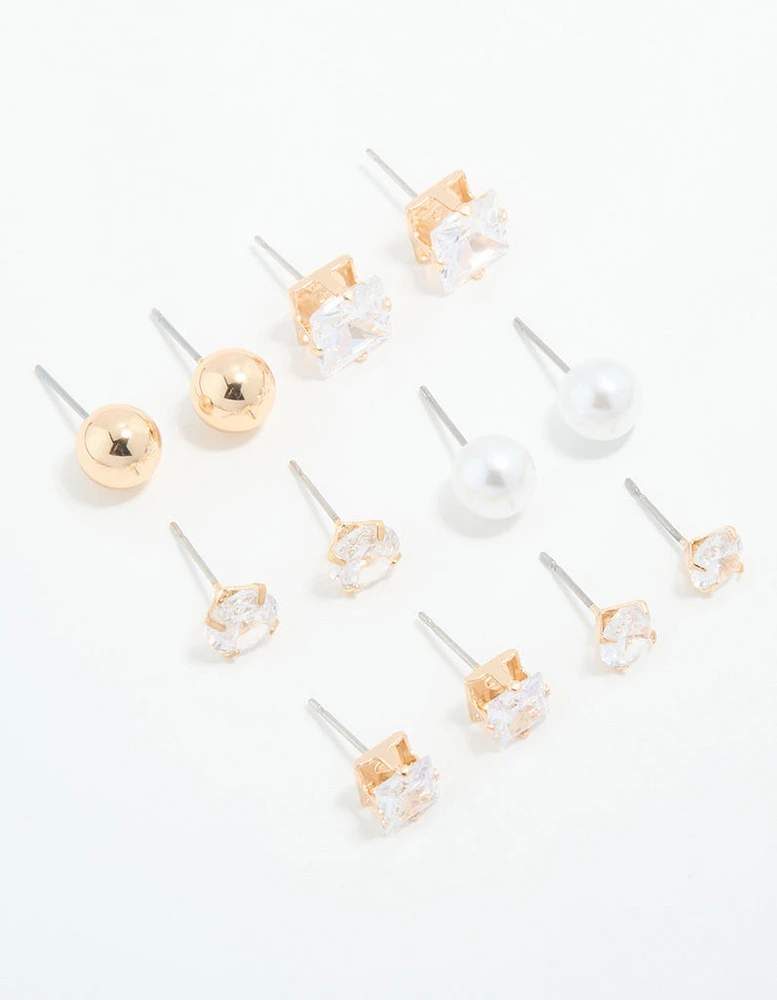 Gold Cubic Zirconia & Pearl Mixed Stud Earrings 6-Pack