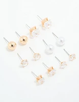 Gold Cubic Zirconia & Pearl Mixed Stud Earrings 6-Pack