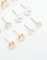 Gold Cubic Zirconia & Pearl Mixed Stud Earrings 6-Pack