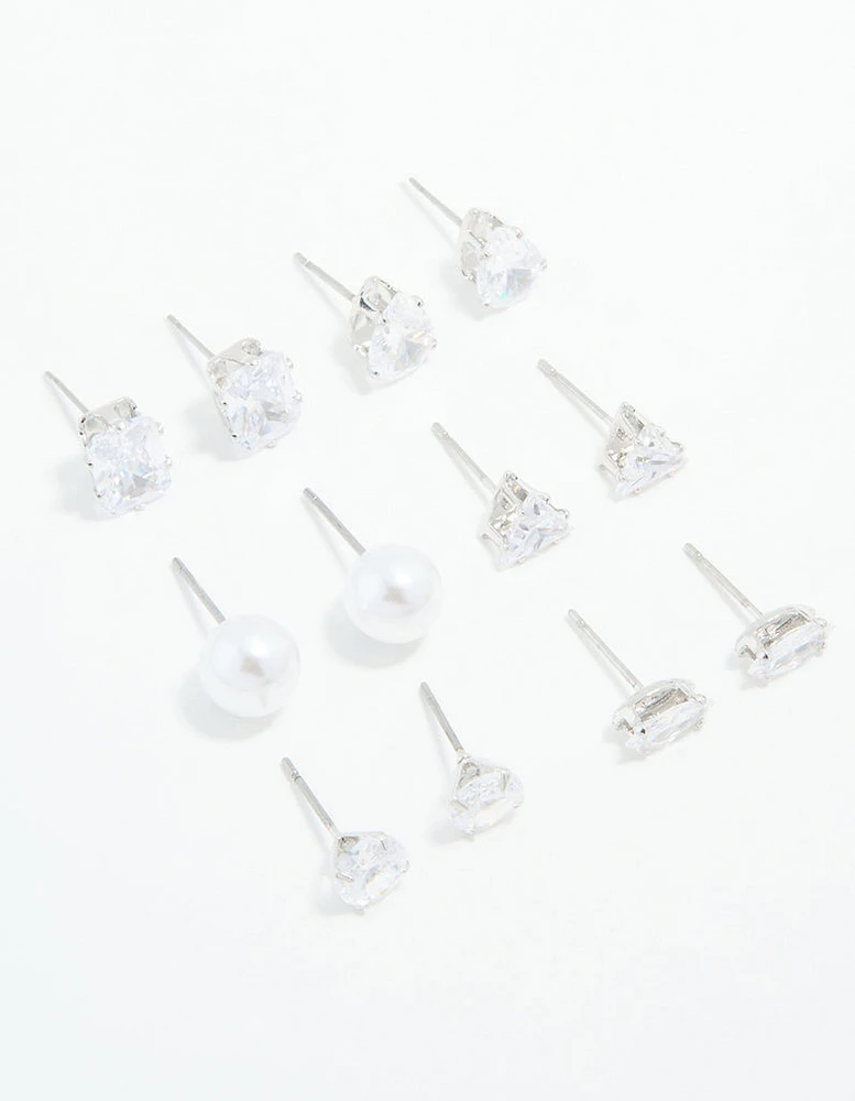 Silver Cubic Zirconia & Pearl Mixed Stud Earrings 6-Pack