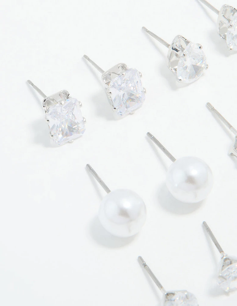 Silver Cubic Zirconia & Pearl Mixed Stud Earrings 6-Pack