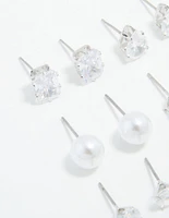 Silver Cubic Zirconia & Pearl Mixed Stud Earrings 6-Pack