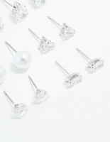 Silver Cubic Zirconia & Pearl Mixed Stud Earrings 6-Pack