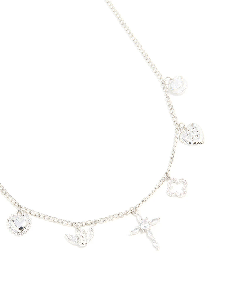 Silver Cubic Zirconia Cross & Heart Charm Necklace
