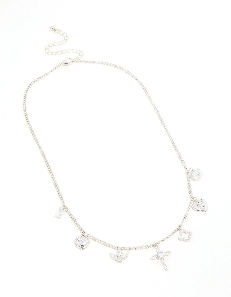 Silver Cubic Zirconia Cross & Heart Charm Necklace