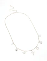 Silver Cubic Zirconia Cross & Heart Charm Necklace
