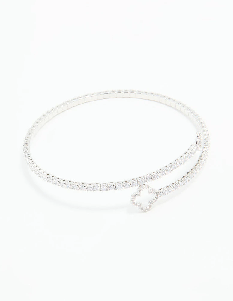 Silver Cubic Zirconia Open Floral Bangle