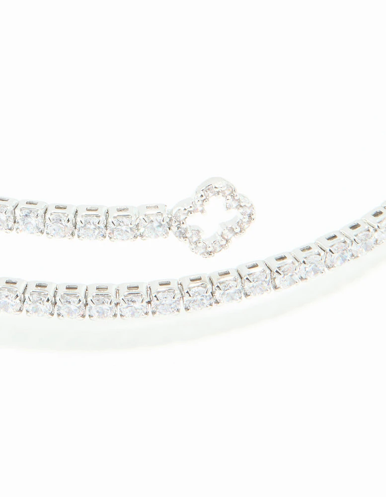 Silver Cubic Zirconia Open Floral Bangle