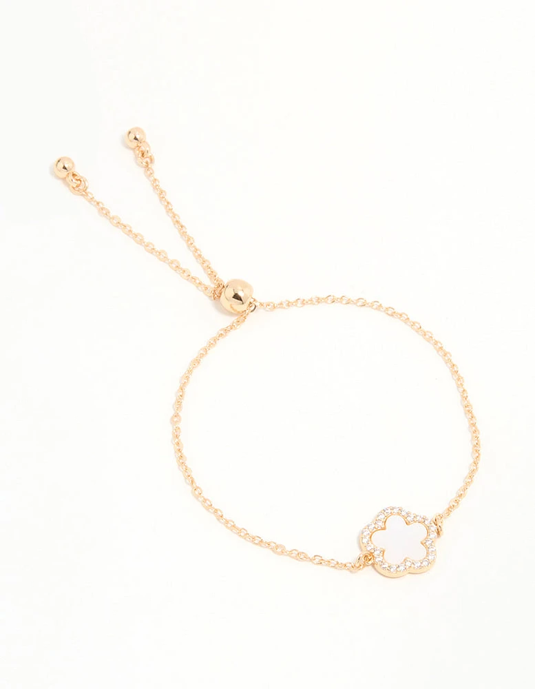 Gold Cubic Zirconia Pink Flower Toggle Bracelet