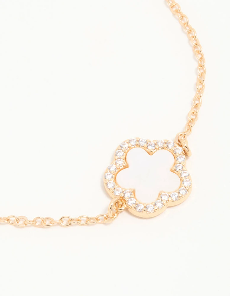 Gold Cubic Zirconia Pink Flower Toggle Bracelet