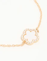 Gold Cubic Zirconia Pink Flower Toggle Bracelet