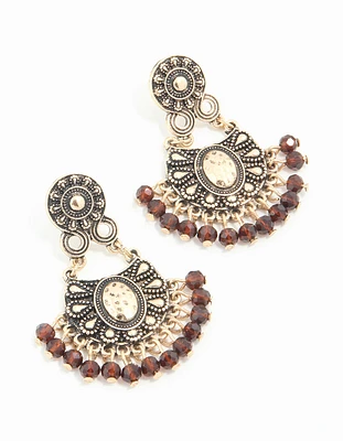 Gold Brown Beaded Drop Earrings