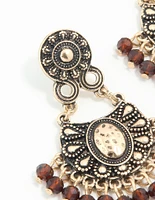Gold Brown Beaded Drop Earrings