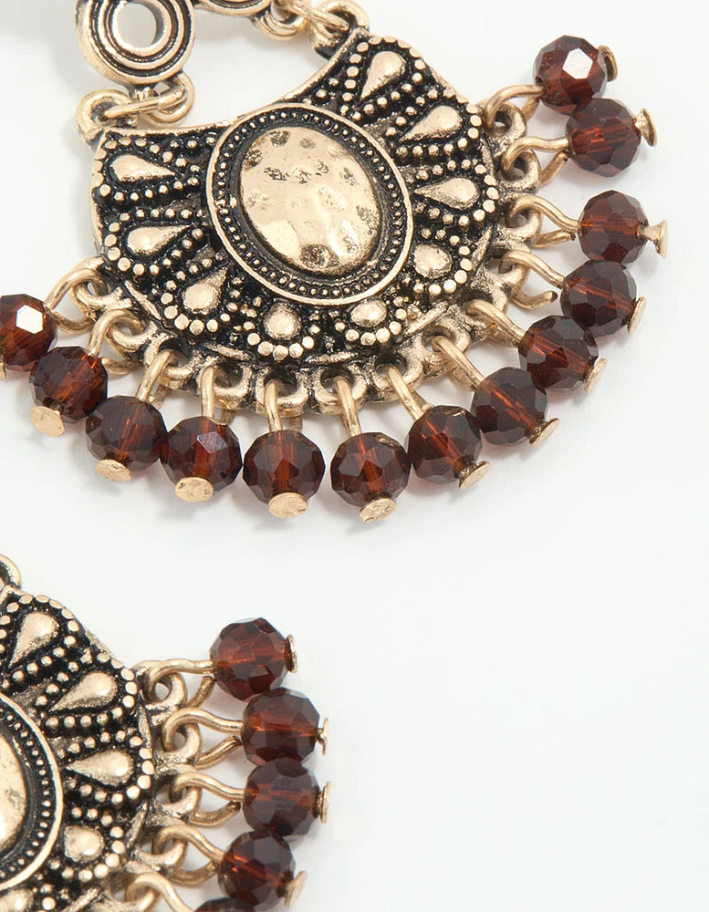 Gold Brown Beaded Drop Earrings
