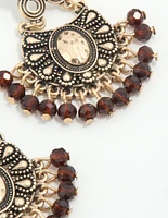Gold Brown Beaded Drop Earrings