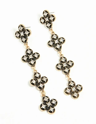 Antique Gold Diamante Black Flower Drop Earrings