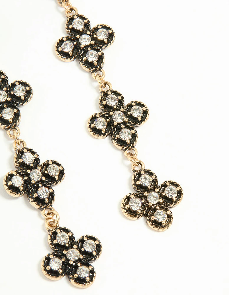 Antique Gold Diamante Black Flower Drop Earrings