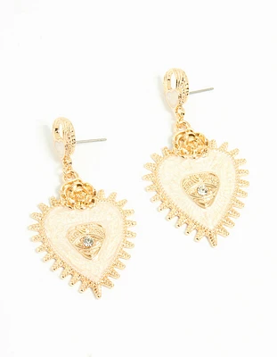 Gold Enamel Heart Rose & Evil Eye Drop Earrings