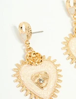Gold Enamel Heart Rose & Evil Eye Drop Earrings