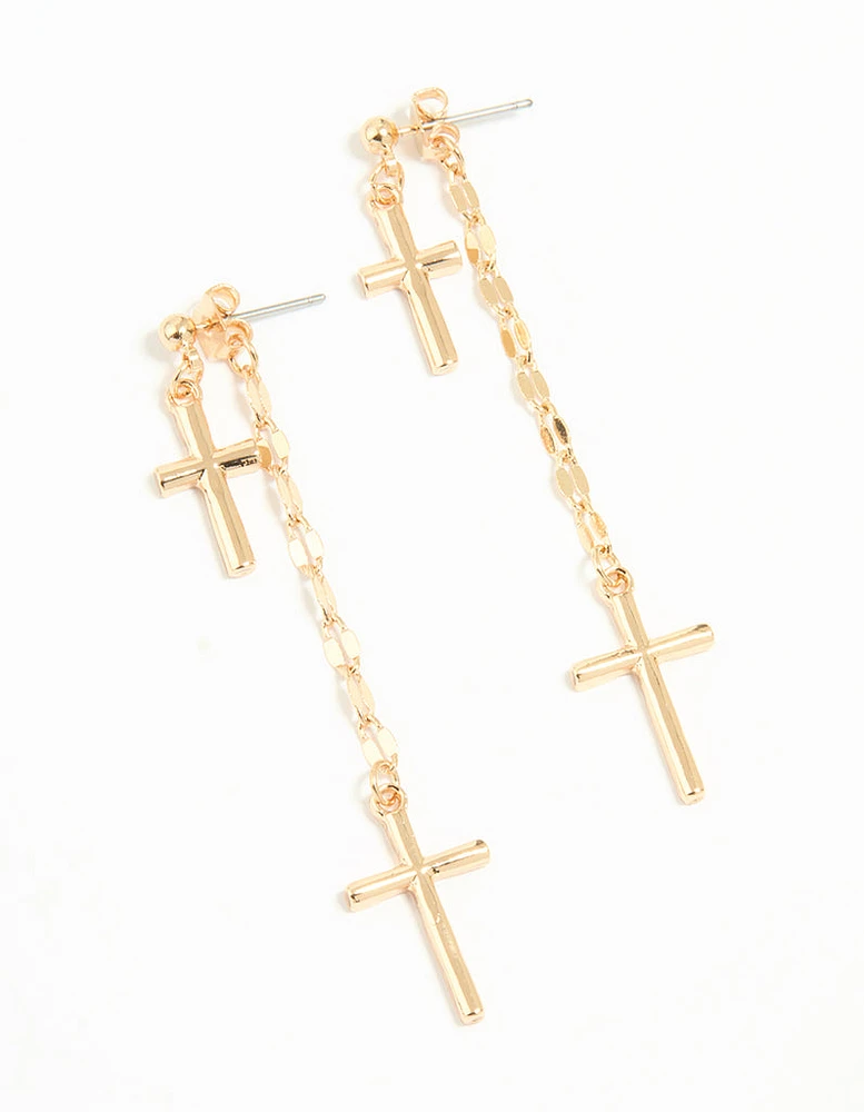 Gold Dangly Cross Drop Earrings