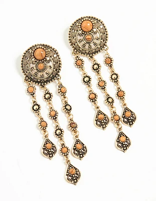 Antique Gold Orange Circle Drop Earrings