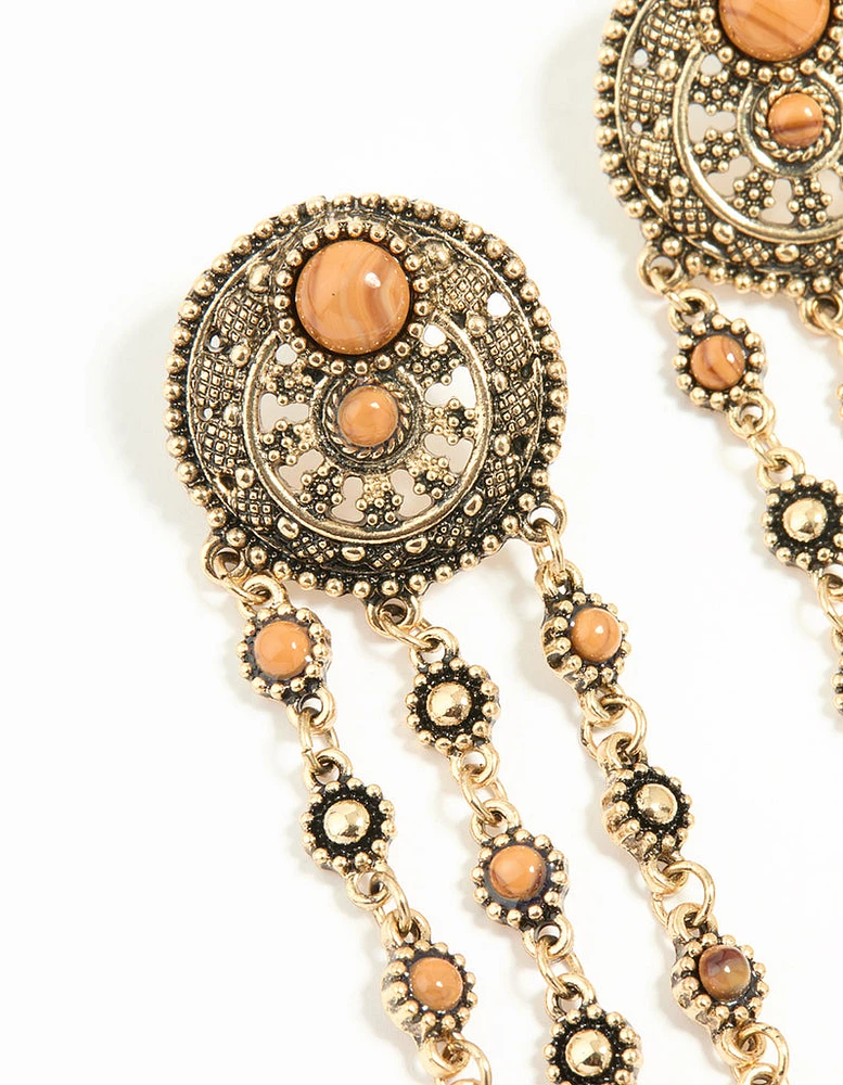 Antique Gold Orange Circle Drop Earrings