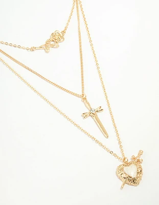 Gold Enamel Heart Rose & Cross Layered Necklace