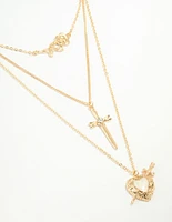 Gold Enamel Heart Rose & Cross Layered Necklace