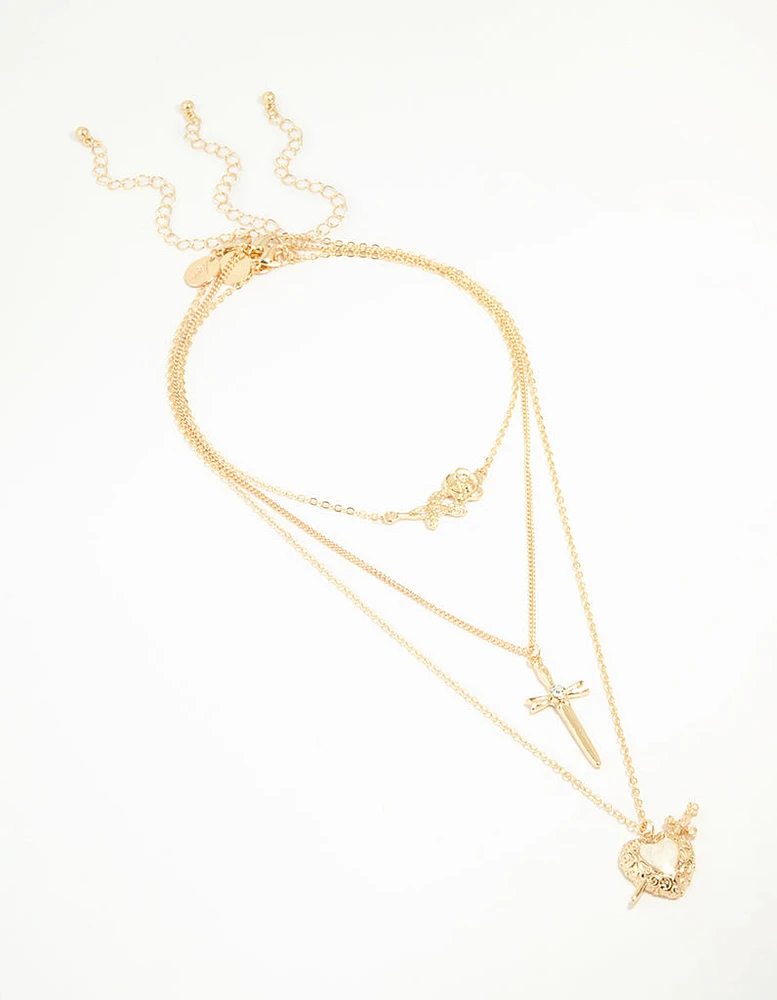 Gold Enamel Heart Rose & Cross Layered Necklace