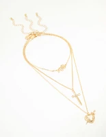 Gold Enamel Heart Rose & Cross Layered Necklace