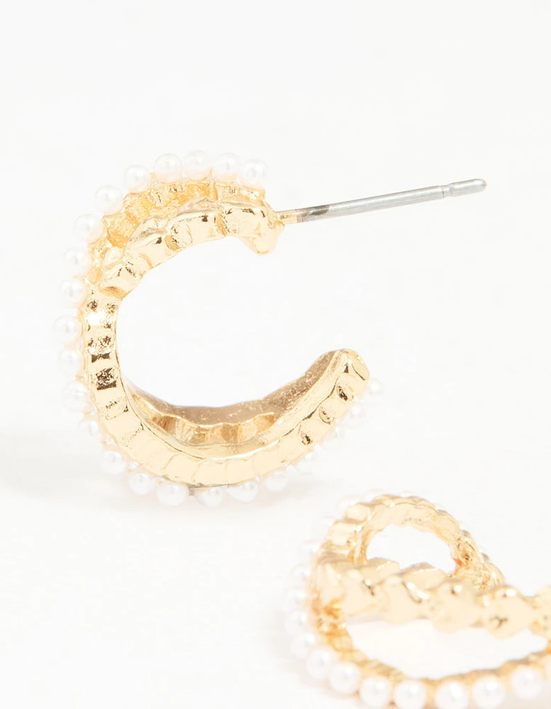 Gold Pearl Twisted Mini Huggie Earrings