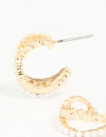 Gold Pearl Twisted Mini Huggie Earrings