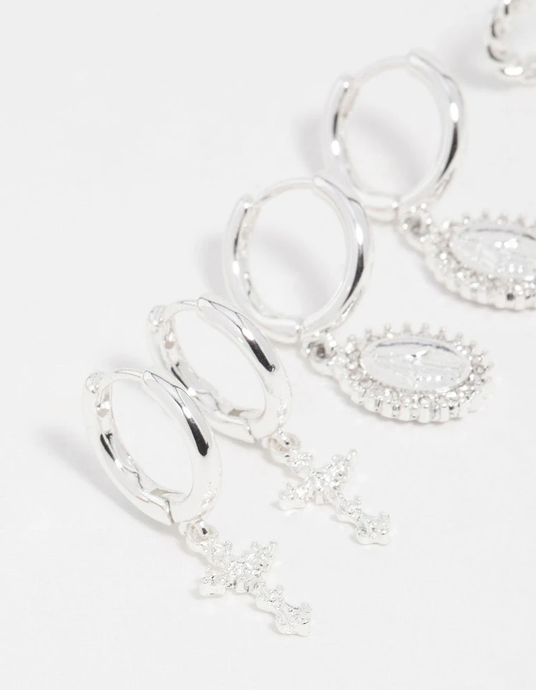 Silver Diamante Cross Huggie Earrings 3-Pack