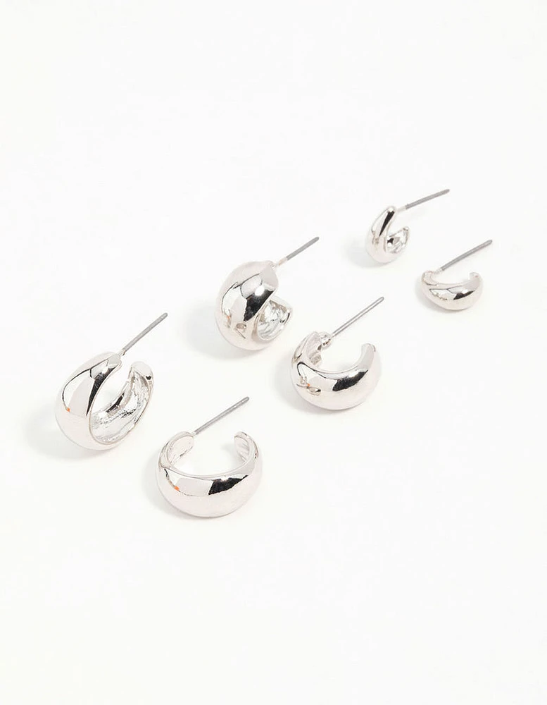 Silver Graduating Simple Hoop Earrings 3-Pack