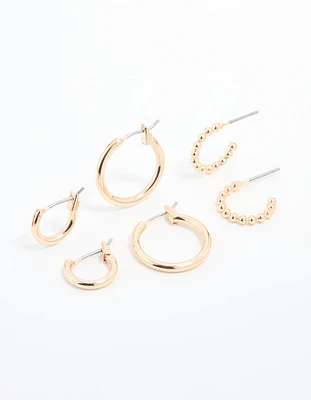Gold Sleek & Bubble Hoop Earrings 3-Pack