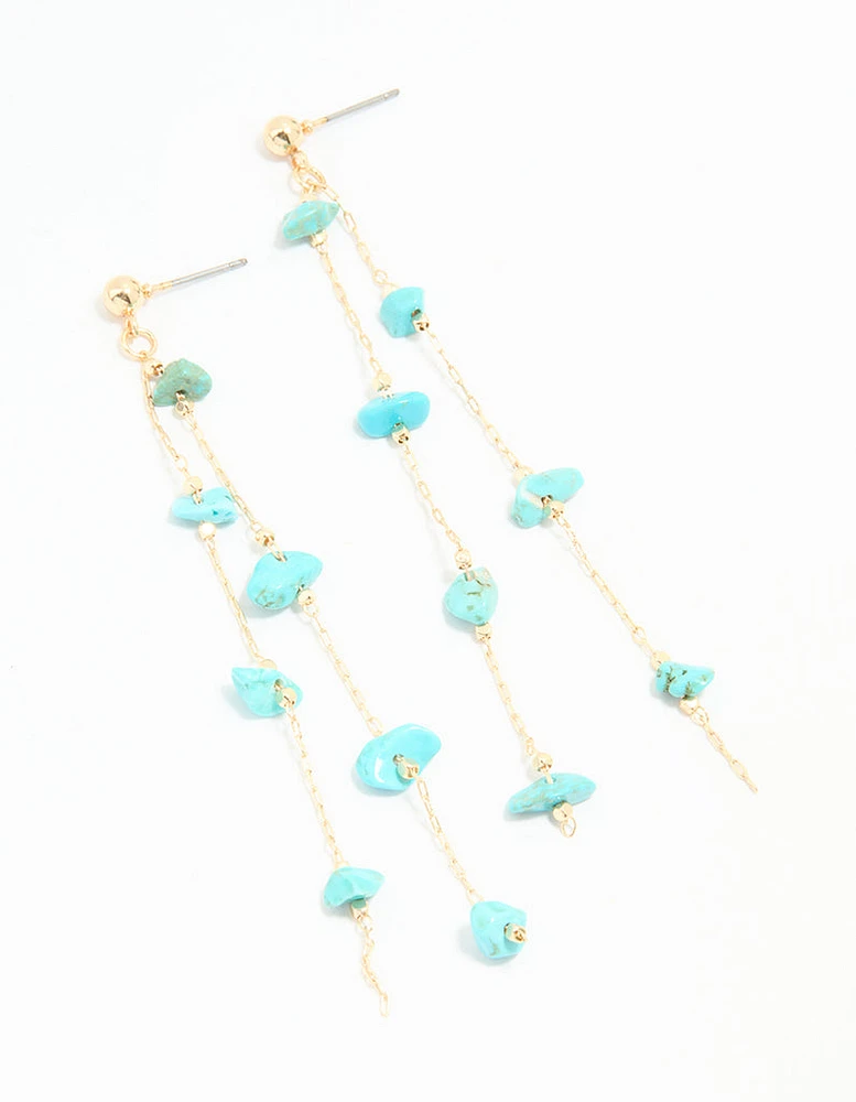 Gold Blue Semi Precious Stone Statement Chain Drop Earrings